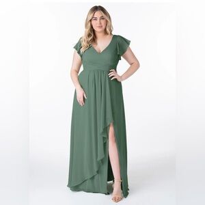 Azazie Olive Green V‑Neck Flutter Sleeve Maxi Dress with Ruffled Front Slit